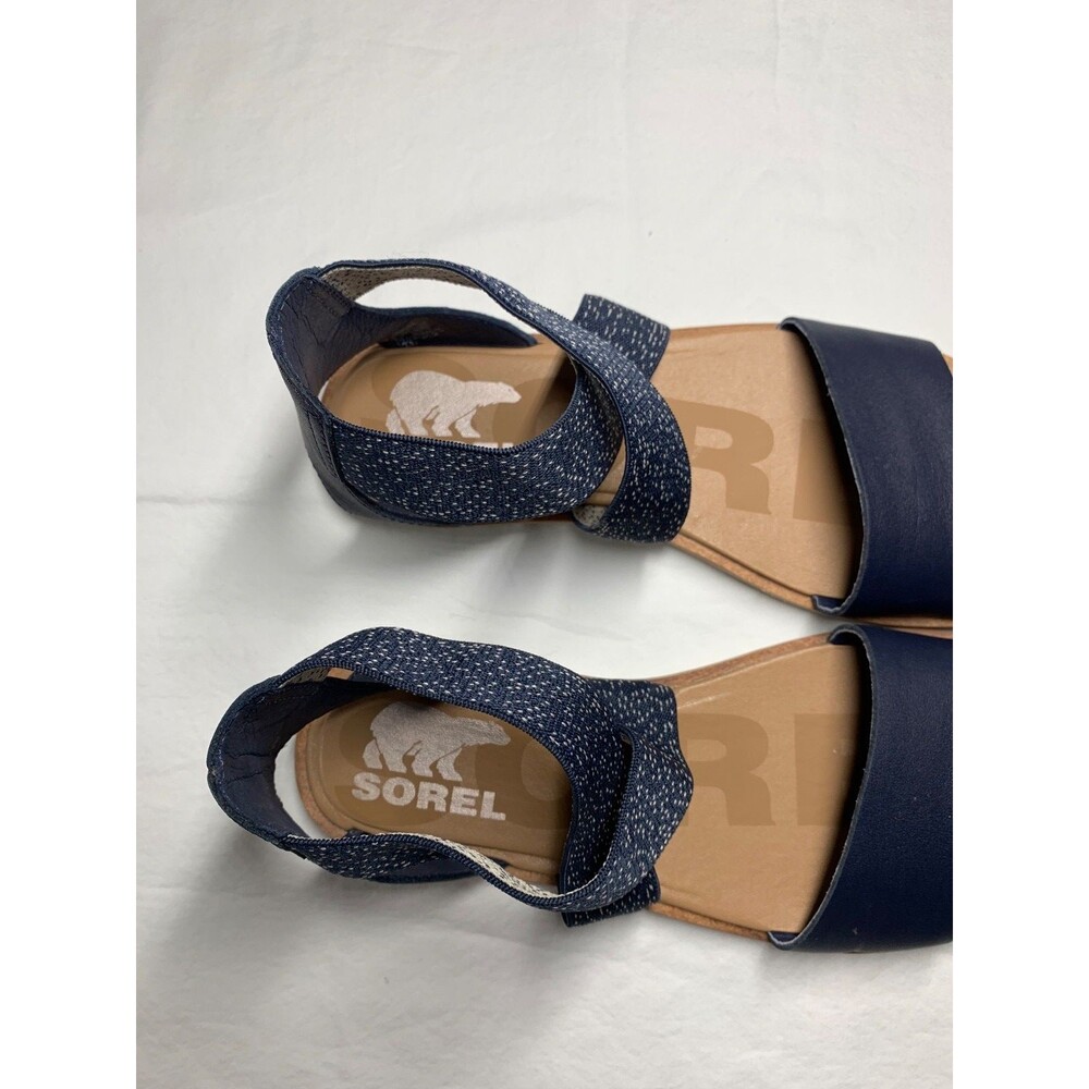 Sorel Ella II Sandals Womens 6 Blue White Criss Cross Leather Strap Slip On Flat - Picture 3 of 9